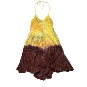 Vintage L.S.I. Tie Dye Halter Dress Women's Medium Embroidered Boho Hippie